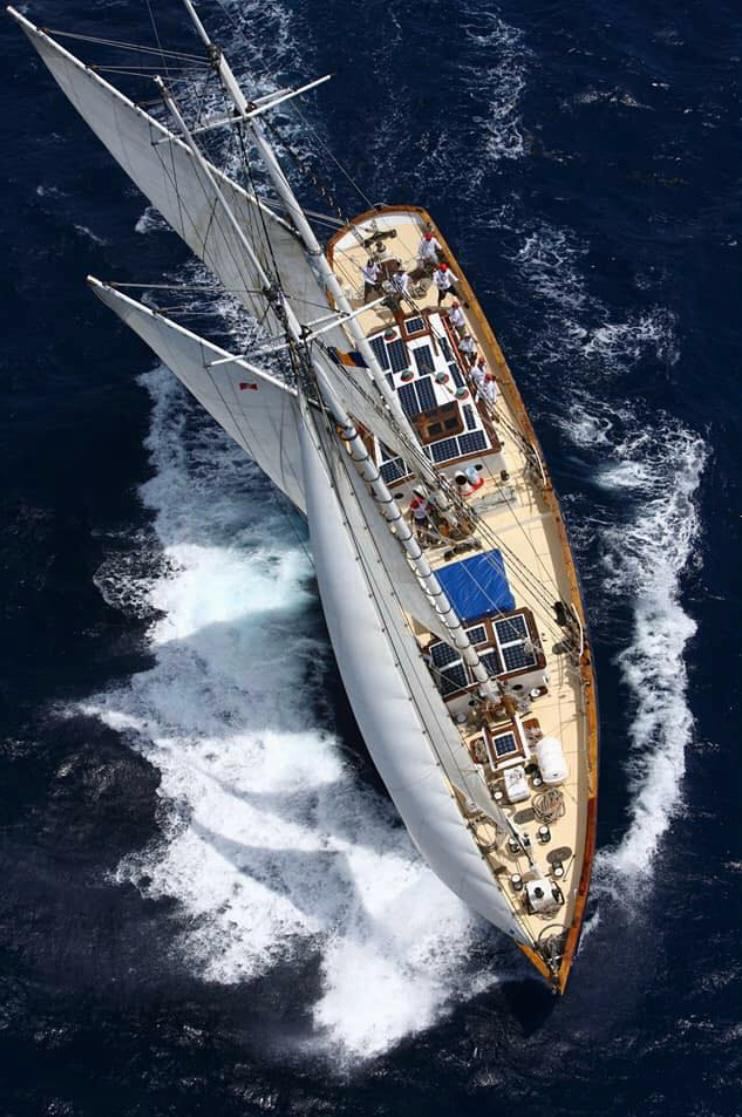 Schooner RUTH under full sail, aerial view