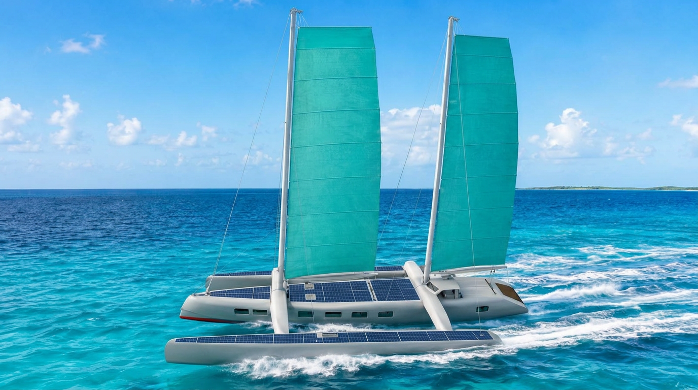 Alpha Zulu RoPAC trimaran under sail, turquoise sails and solar decks