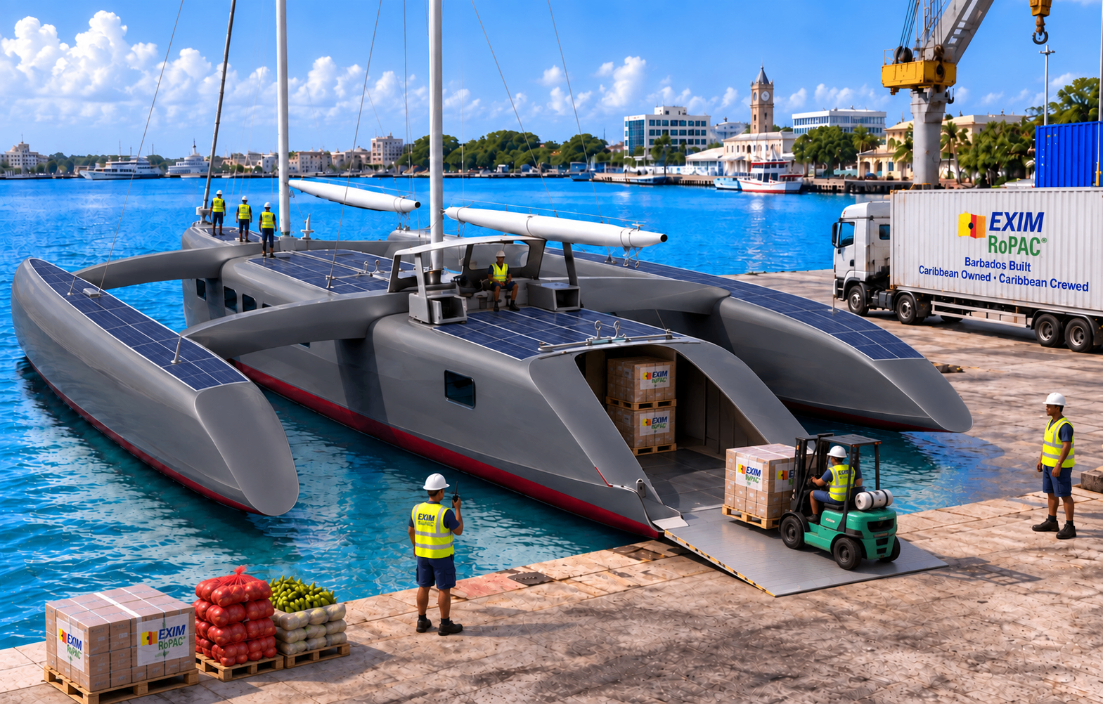 Alpha Zulu RoPAC loading palletised cargo by stern ramp at Bridgetown
