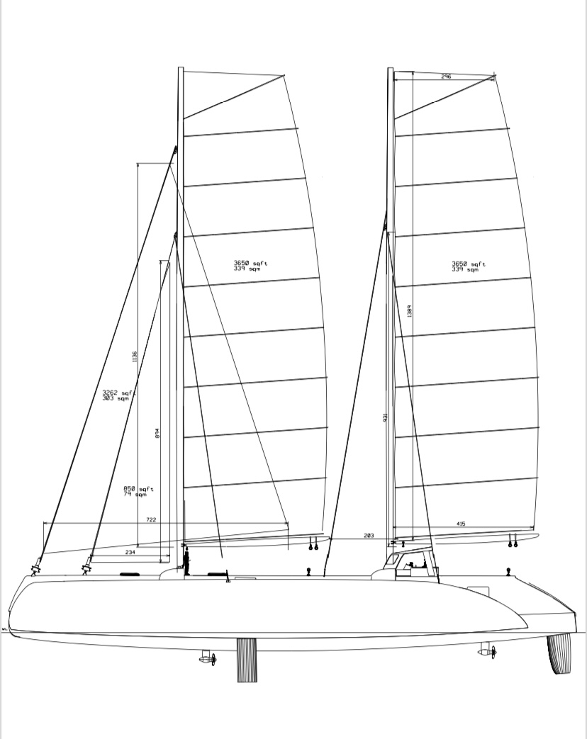 Alpha Zulu sail plan drawing, twin wingmast rigs with sail areas in square feet and metres