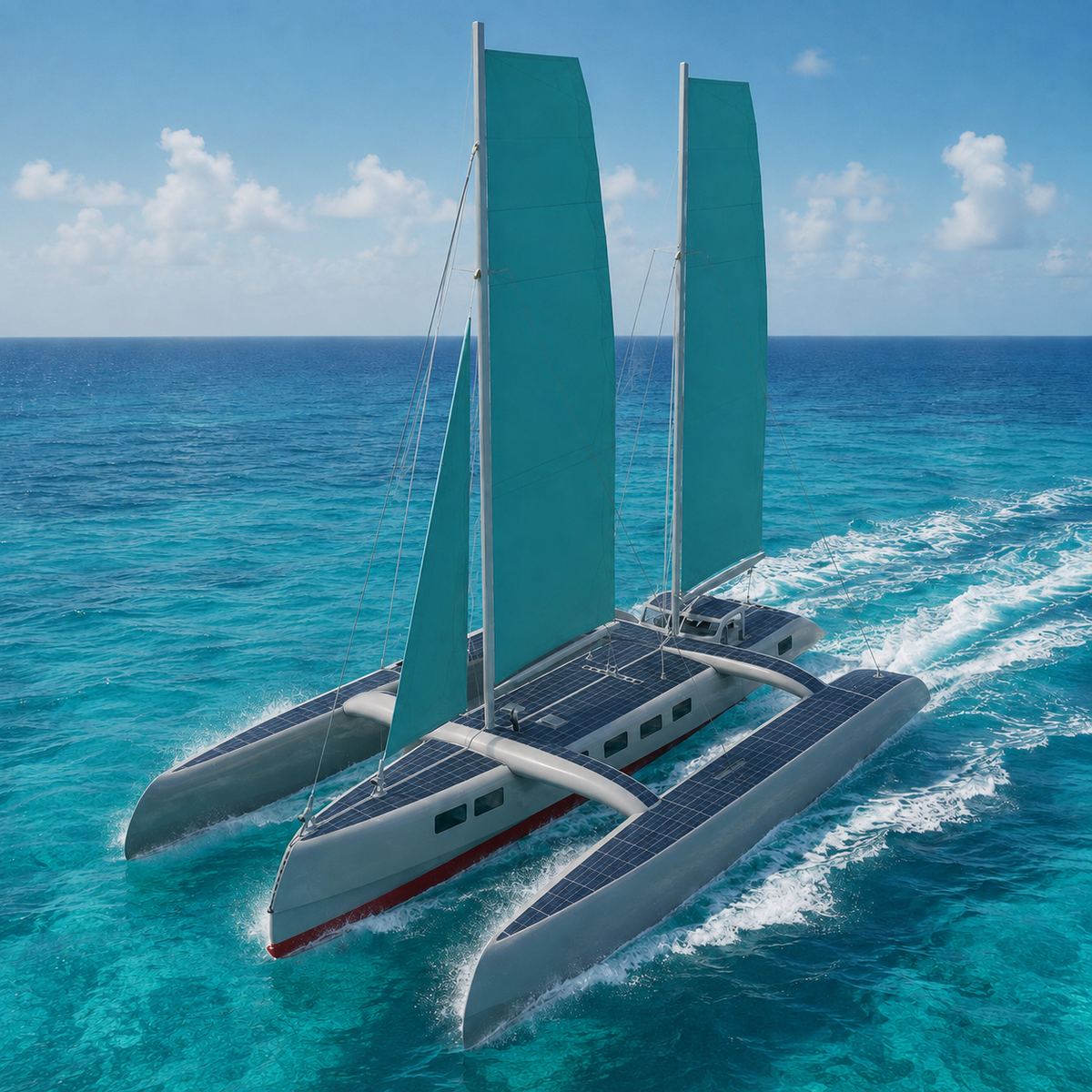 Alpha Zulu trimaran under sail, bow quarter view showing solar decks and staysail