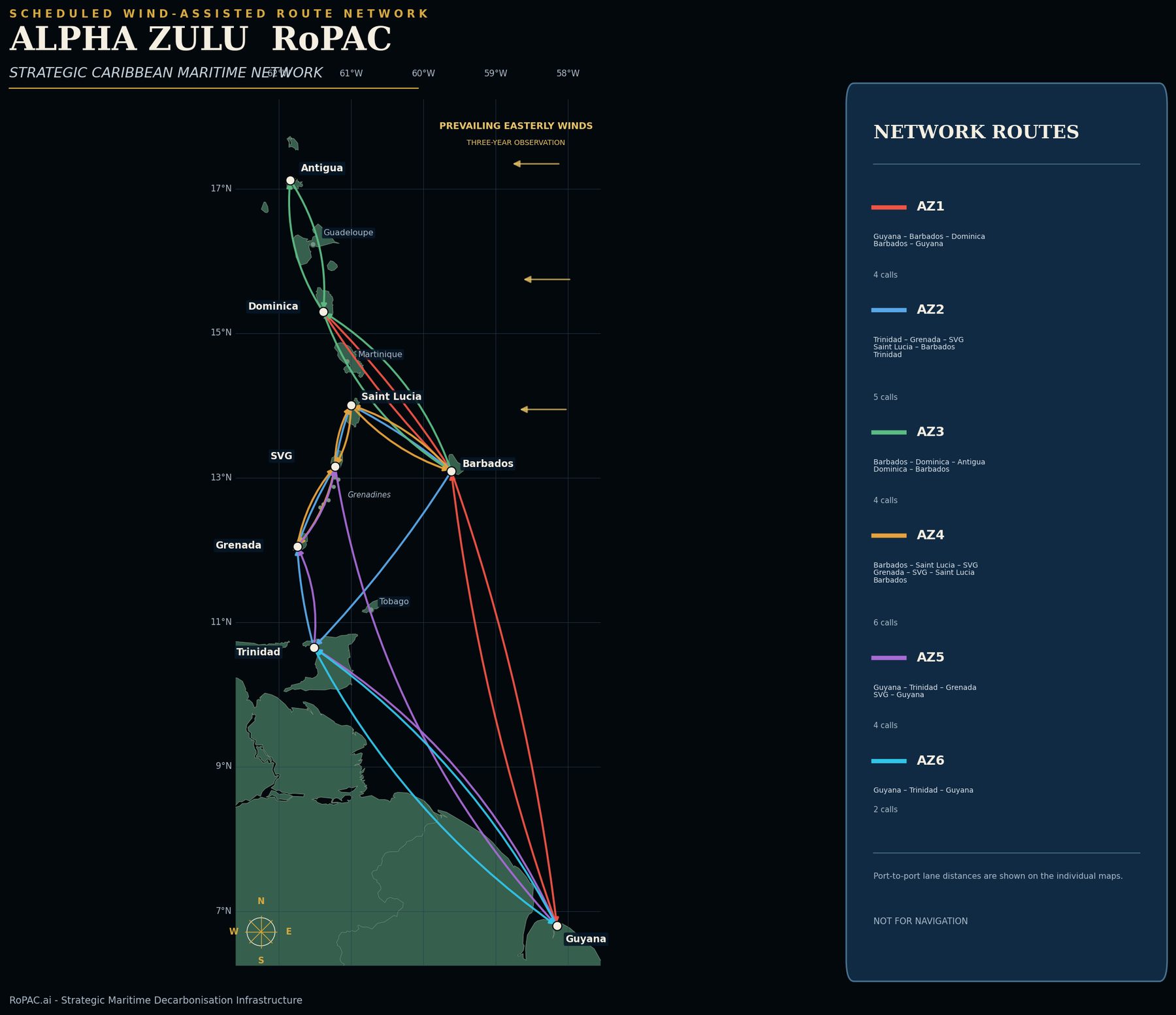 Alpha Zulu RoPAC scheduled wind-assisted route network map, routes AZ1 to AZ6