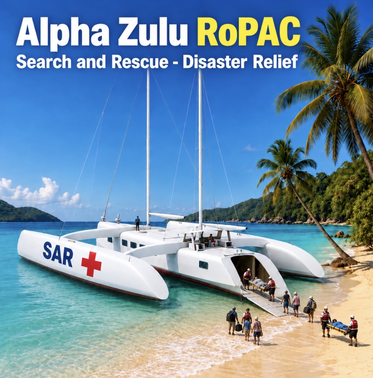 Alpha Zulu trimaran beached with its bow ramp down, SAR markings on the hull, while crew and volunteers carry stretchers and evacuees ashore on a tropical beach